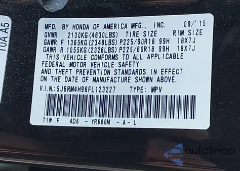 2015 Honda Cr-V Touring from USA, damaged, VIN 5J6RM4H96FL123227